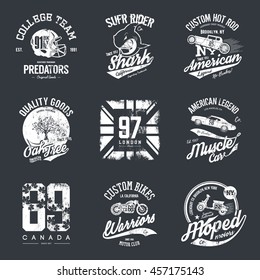 Vintage American old grunge effect tee print vector design set. Premium quality superior shark, custom bike, muscle car, tree, flag, hot rod, helmet, moped retro logo concept. Shabby t-shirt emblem.