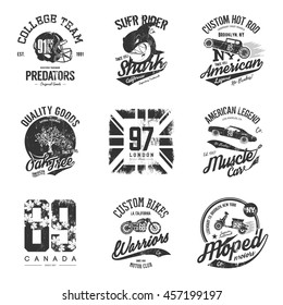 Vintage American old grunge effect tee print vector design set. Premium quality superior shark, custom bike, muscle car, tree, flag, hot rod, helmet, moped retro logo concept. Shabby t-shirt emblem.
