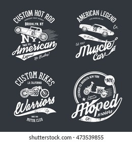 Vintage American Old Grunge Effect Tee Print Vector Design Set On Dark Background. Premium Quality Custom Bike, Muscle Car, Hot Rod, Moped Retro Logo Concept. Shabby T-shirt Emblem.