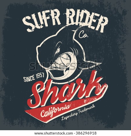 Vintage American old grunge effect tee print vector design. Premium quality superior shark retro logo concept. Shabby t-shirt and hoodie emblem.