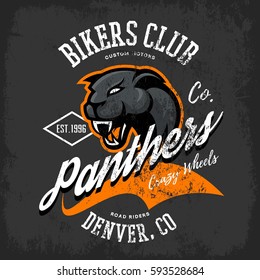 Vintage American panther bikers club tee print vector design isolated on dark background. Colorado, Denver street wear t-shirt emblem. Premium quality wild animal superior logo concept illustration.