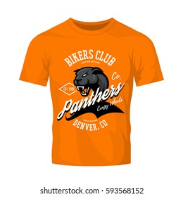 Vintage American panther bikers club tee print vector design isolated on orange t-shirt mockup. Denver street wear t-shirt emblem. Premium quality wild animal superior logo concept illustration.