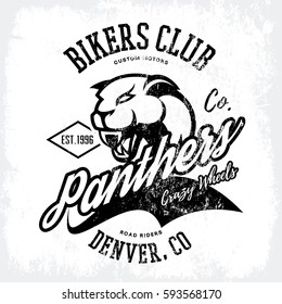 Vintage American panther bikers club tee print vector design isolated on white background. Colorado, Denver street wear t-shirt emblem. Premium quality wild animal superior logo concept illustration.