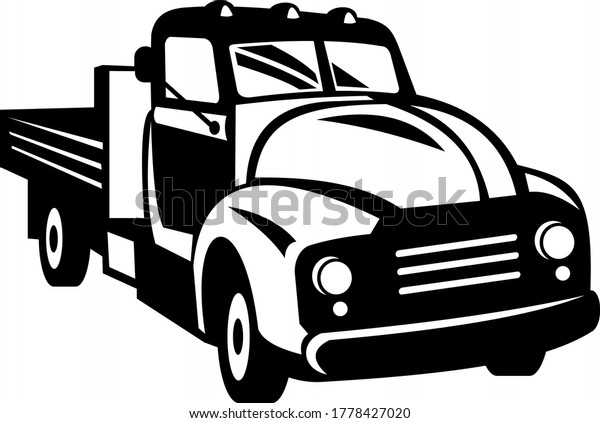 Vintage American Pickup Truck with Wood\
Side Rails Front Retro Woodcut Black and\
White