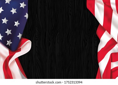 Vintage American realist flag on a black woodenchalkboard with space for text