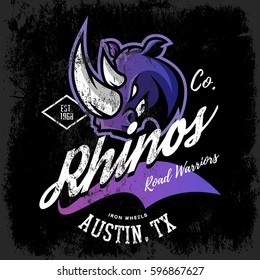 Vintage American rhino bikers club tee print vector design isolated on dark background. 
Texas, Austin street wear t-shirt emblem. Premium quality wild animal superior logo concept illustration.