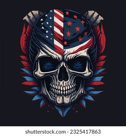 Vintage american skull face art design in vector illustration. Usa biker skull