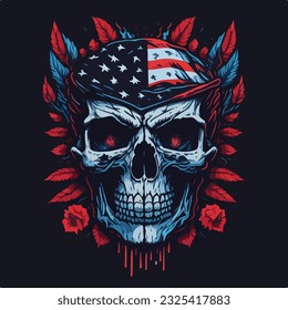 Vintage american skull face art design in vector illustration. Rock 'n' roll patriot