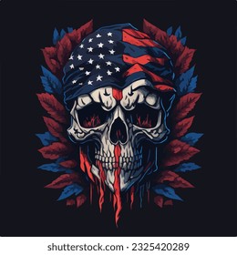Vintage american skull face art design in vector illustration. Old glory skull