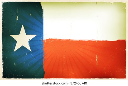 Vintage American Texas Flag Poster Background/
Illustration of a texas american flag poster, blue, white and red, with lone star and retro and vintage design, grunge textures and sunbeams