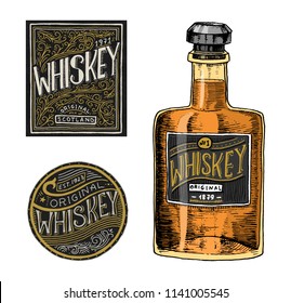 Vintage American whiskey badge. Alcoholic Label with calligraphic elements. Hand drawn engraved sketch lettering for t-shirt. Classic frame for bottle poster banner.