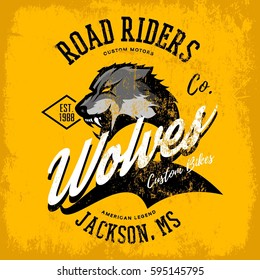 Vintage American wolf bikers club tee print vector design isolated on yellow background. Jackson street wear t-shirt emblem. Premium quality wild animal superior logo concept illustration.