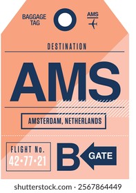 Vintage Amsterdam airport boarding pass. Airport code. Airplane ticket. Travel ticket. Airline tickets.
