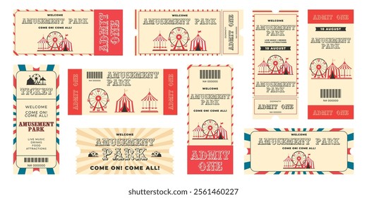 Vintage amusement park horizontal and vertical tickets set. Ferris wheel, circus tent, carousel, decorative elements and more details events. Flat vector illustration on white background