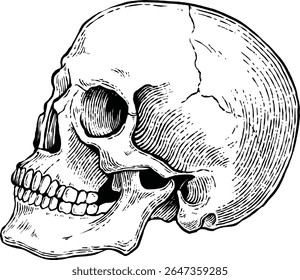 Ilustração Anatômica Do Crânio Vintage - Vetor De Vista Lateral Do Crânio Humano Desenhado À Mão