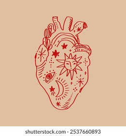 Corazón aislado dibujado a mano de la estética gótica de la anatomía de Antiguas. Cepillo, elemento de decoración de tinta. Tarjeta del día de San Valentín, elemento de patrón y símbolo de amor. Vector, Clipart.