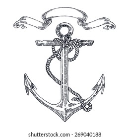 Vintage anchor graphic on white background.Hand drawn vector illustration in sketch style