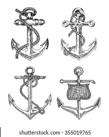 Vintage anchor graphic on white background. Hand drawn vector illustration. Anchors set in vintage style