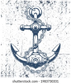 Vintage anchor with grunge texture. Sailor nautical anchor with chain. Vector illustration.