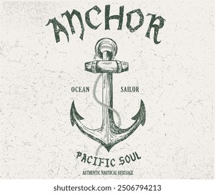 Vintage anchor hand sketch for apparel, stickers, posters and background. Summer adventure artwork. South ocean. Pacific soul graphic print design for t shirt.