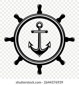 Vintage Anchor and Helm Wheel Vector. Nautical Marine Steering Icon for Logo, Captain Tattoo Design, Sailing Club Emblem, Sea Adventure Symbol, Retro Maritime Badge, Ship Wheel Silhouette Clipart