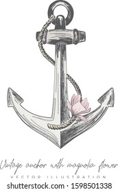 Vintage anchor with magnolia flower illustration