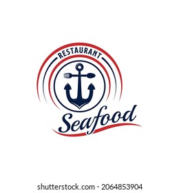 Vintage Anchor Restaurant Logo. With anchor, spoon, fork, fish, and seafood icon. Premium and luxury logo design template