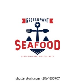 Vintage Anchor Restaurant Logo. With anchor, spoon, fork, fish, and seafood icon. Premium and luxury logo design template