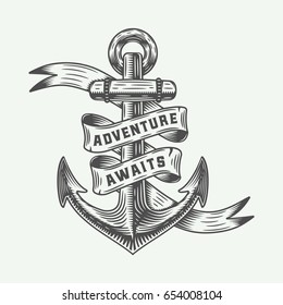 Vintage anchor in retro style with adventures typography. Monochrome graphic Art. Vector Illustration.