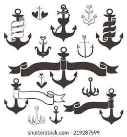 Vintage anchor with ribbon banners. Hand drawn decorative elements.
