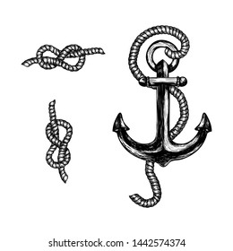 Vintage anchor with rope.  Vector illustration.