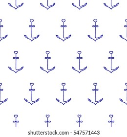 Vintage anchor seamless pattern hand drawn blue anchor texture. Vector image on white background. Sketch style.