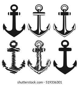 Vintage Anchor Set In Flat, Doodle Style 