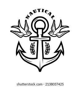 Vintage anchor with swallows. Design element for emblem, sign, badge, logo. Vector illustration