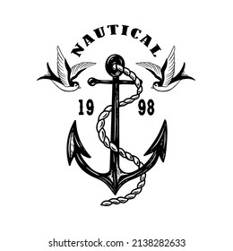 Vintage anchor with swallows. Design element for emblem, sign, badge, logo. Vector illustration