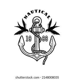 Vintage anchor with swallows. Design element for emblem, sign, badge, logo. Vector illustration