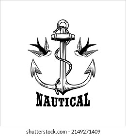 Vintage anchor with swallows. Design element for emblem, sign, badge, logo. Vector illustration