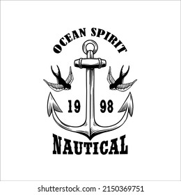 Vintage anchor with swallows. Design element for emblem, sign, badge, logo. Vector illustration