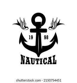 Vintage anchor with swallows. Design element for emblem, sign, badge, logo. Vector illustration