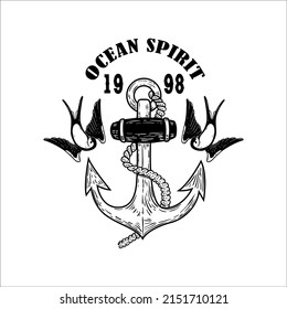 Vintage anchor with swallows. Design element for emblem, sign, badge, logo. Vector illustration