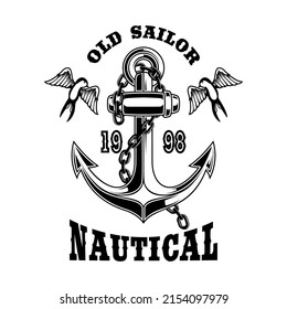 Vintage anchor with swallows. Design element for emblem, sign, badge, logo. Vector illustration
