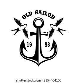 Vintage anchor with swallows. Design element for emblem, sign, badge, logo. Vector illustration
