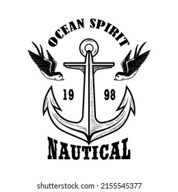 Vintage anchor with swallows. Design element for emblem, sign, badge, logo. Vector illustration