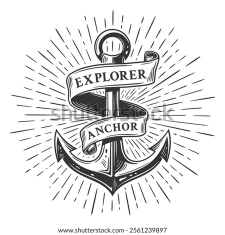 Vintage anchor tattoo with sun rays isolated on white background. Engraving of anchor with ribbon banner. Vector illustration