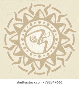 Vintage ancient mexican vector mythology symbol - american aztec, mayan culture native totem with grunge effect. Vector illustration
