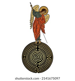 Vintage angel holding spear standing on top of a round spiral maze or labyrinth symbol. Creative religious Christian symbol.