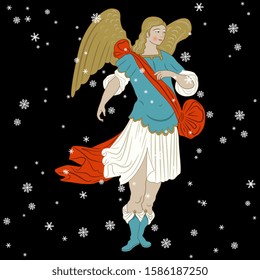 Vintage angel under snowflakes. Christmas decor. isolated vector illustration.