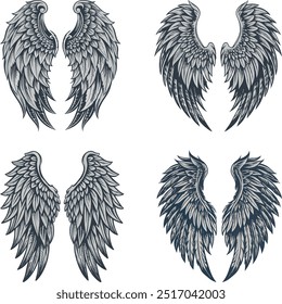 Vintage Angel Wings Vector Set - Hand-Drawn Feathered Wings Design