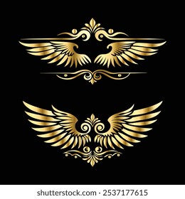 Vintage Angelic Wing Icons: Gilded Frames and Black and Gold Silhouettes with Cupid and Bird Wing Designs for Elegant Icon Sets, Clipart, and Logo Templates