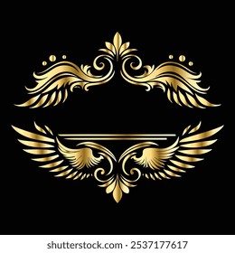 Vintage Angelic Wing Icons: Gilded Frames and Black and Gold Silhouettes with Cupid and Bird Wing Designs for Elegant Icon Sets, Clipart, and Logo Templates